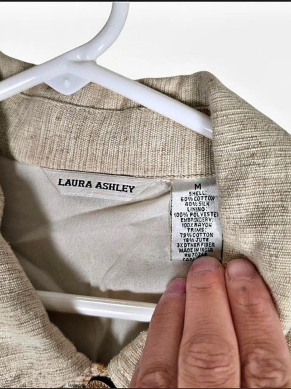Laura Ashley Embroidered Floral Jacket Beige Button Front Cotton Blend Boho Med - Picture 6 of 6